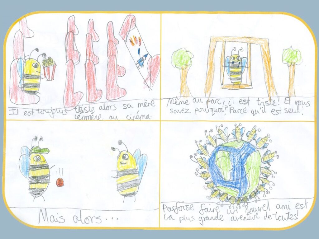 A comic strip with 4 bees around them