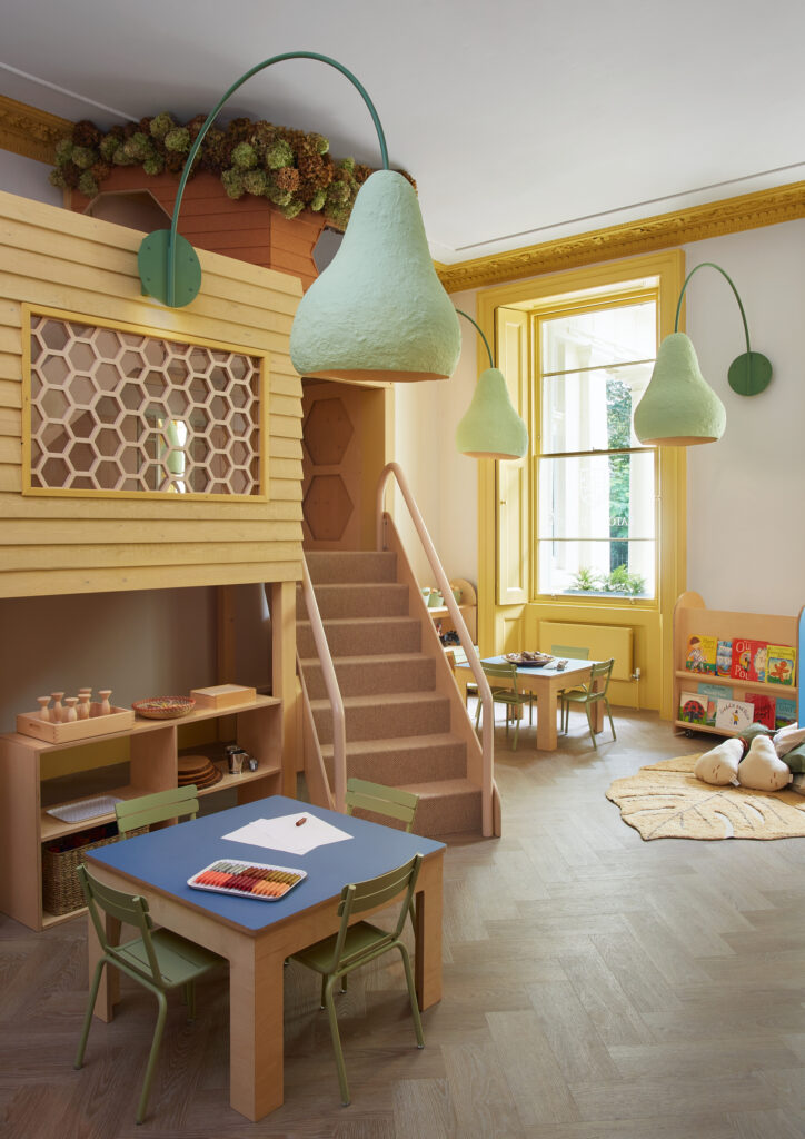 a classroom with a staircase